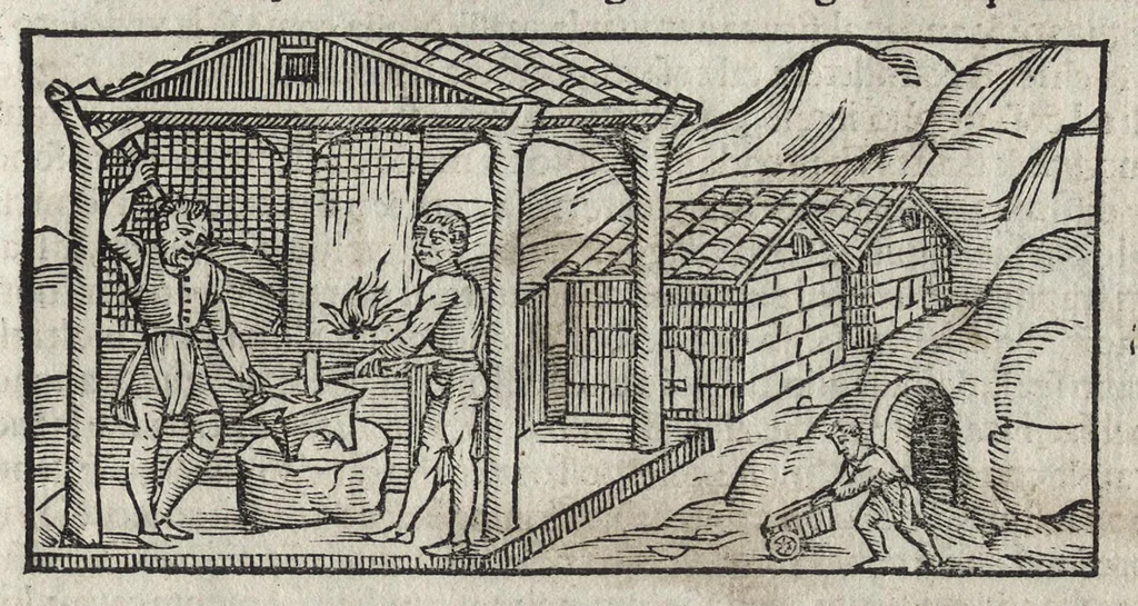 An illustration from Pirotechnia, li diece libri della pirotechnia : nelliquali si tratta non solo la diuersita delle minere, ma ancho quanto si ricerca alla prattica di effe : e di quanto s'appartiene all'arte della fusione ouer getto de metalli, e d'ogni altra cosa a questa somigliante, 1550, leaf 12