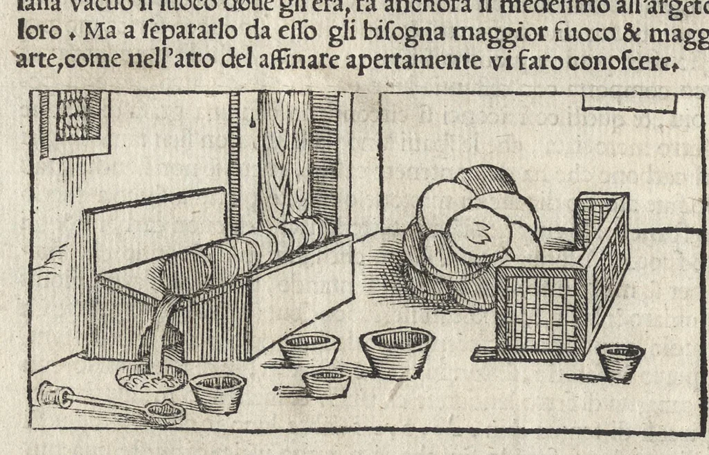 An illustration from Pirotechnia, li diece libri della pirotechnia : nelliquali si tratta non solo la diuersita delle minere, ma ancho quanto si ricerca alla prattica di effe : e di quanto s'appartiene all'arte della fusione ouer getto de metalli, e d'ogni altra cosa a questa somigliante, 1550, leaf 125