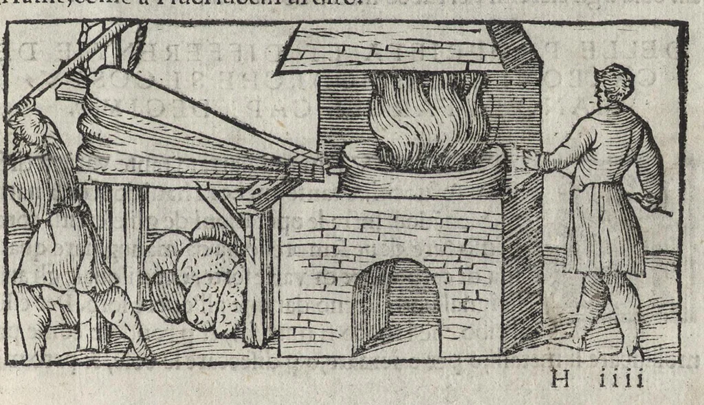 An illustration from Pirotechnia, li diece libri della pirotechnia : nelliquali si tratta non solo la diuersita delle minere, ma ancho quanto si ricerca alla prattica di effe : e di quanto s'appartiene all'arte della fusione ouer getto de metalli, e d'ogni altra cosa a questa somigliante, 1550, leaf 136