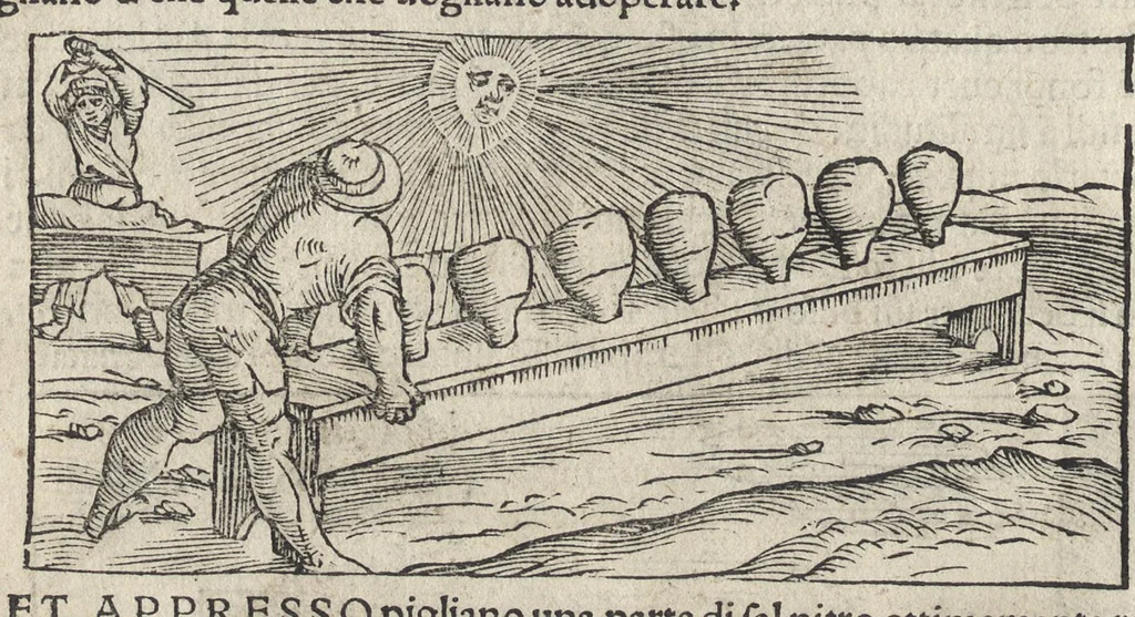 An illustration from Pirotechnia, li diece libri della pirotechnia : nelliquali si tratta non solo la diuersita delle minere, ma ancho quanto si ricerca alla prattica di effe : e di quanto s'appartiene all'arte della fusione ouer getto de metalli, e d'ogni altra cosa a questa somigliante, 1550, leaf 145