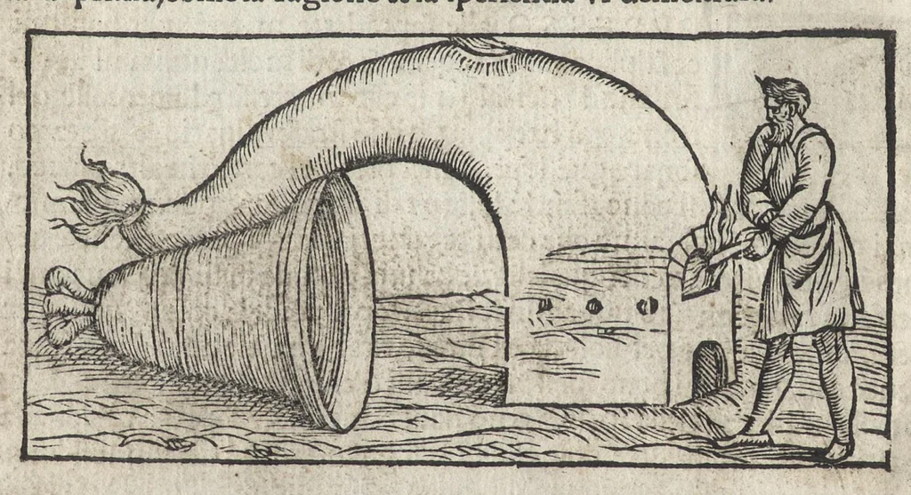 An illustration from Pirotechnia, li diece libri della pirotechnia : nelliquali si tratta non solo la diuersita delle minere, ma ancho quanto si ricerca alla prattica di effe : e di quanto s'appartiene all'arte della fusione ouer getto de metalli, e d'ogni altra cosa a questa somigliante, 1550, leaf 217