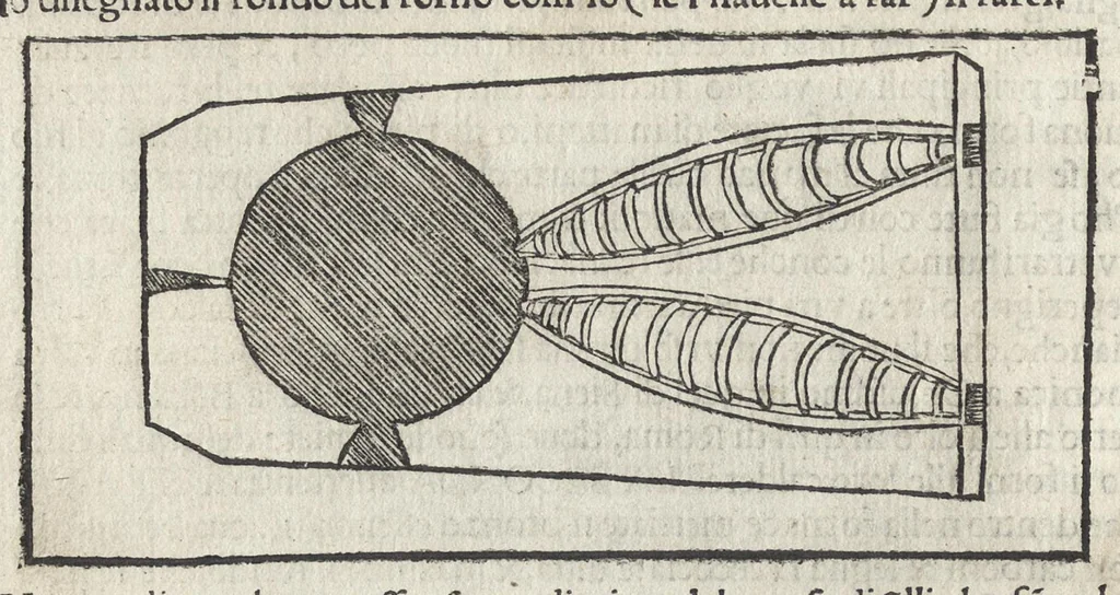 An illustration from Pirotechnia, li diece libri della pirotechnia : nelliquali si tratta non solo la diuersita delle minere, ma ancho quanto si ricerca alla prattica di effe : e di quanto s'appartiene all'arte della fusione ouer getto de metalli, e d'ogni altra cosa a questa somigliante, 1550, leaf 223