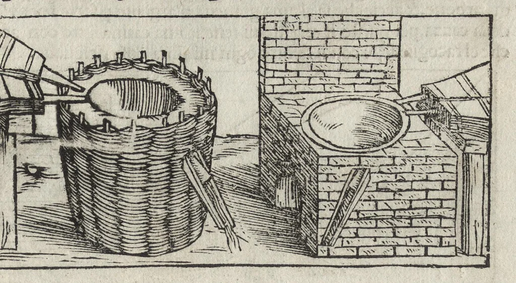 An illustration from Pirotechnia, li diece libri della pirotechnia : nelliquali si tratta non solo la diuersita delle minere, ma ancho quanto si ricerca alla prattica di effe : e di quanto s'appartiene all'arte della fusione ouer getto de metalli, e d'ogni altra cosa a questa somigliante, 1550, leaf 226