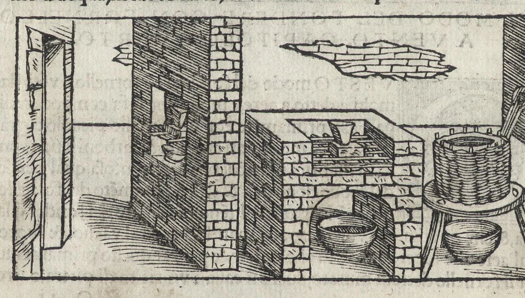 An illustration from Pirotechnia, li diece libri della pirotechnia : nelliquali si tratta non solo la diuersita delle minere, ma ancho quanto si ricerca alla prattica di effe : e di quanto s'appartiene all'arte della fusione ouer getto de metalli, e d'ogni altra cosa a questa somigliante, 1550, leaf 229
