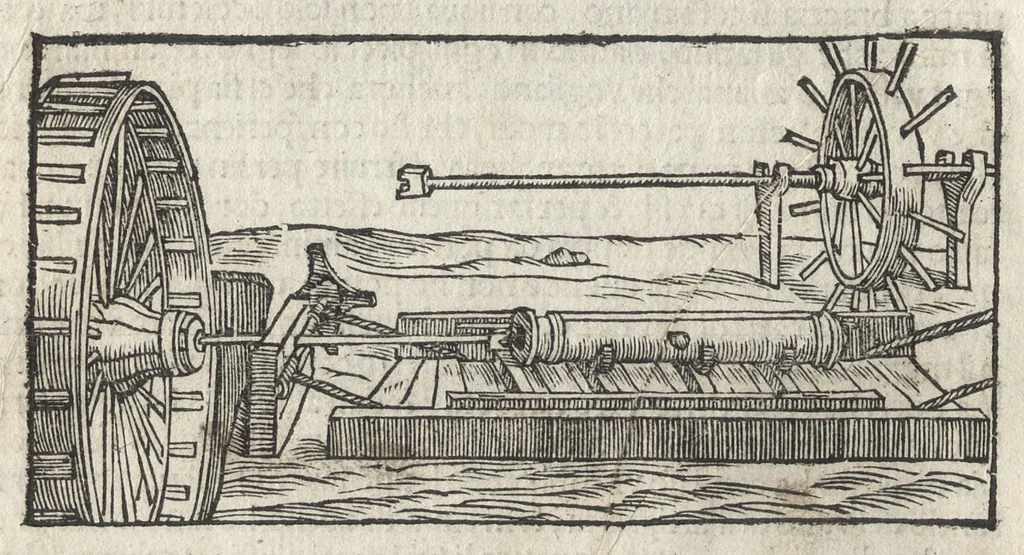 An illustration from Pirotechnia, li diece libri della pirotechnia : nelliquali si tratta non solo la diuersita delle minere, ma ancho quanto si ricerca alla prattica di effe : e di quanto s'appartiene all'arte della fusione ouer getto de metalli, e d'ogni altra cosa a questa somigliante, 1550, leaf 243