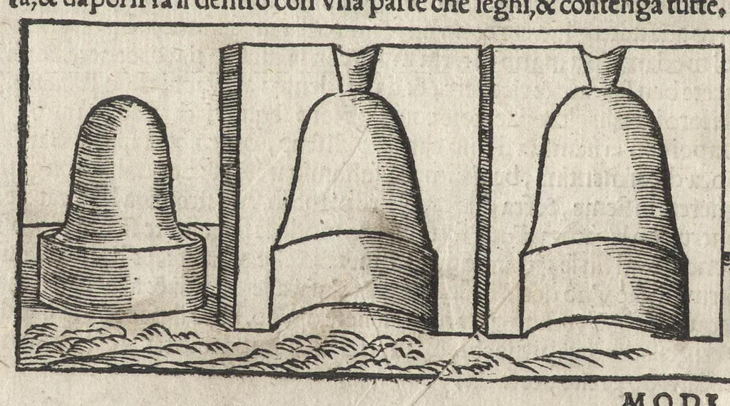An illustration from Pirotechnia, li diece libri della pirotechnia : nelliquali si tratta non solo la diuersita delle minere, ma ancho quanto si ricerca alla prattica di effe : e di quanto s'appartiene all'arte della fusione ouer getto de metalli, e d'ogni altra cosa a questa somigliante, 1550, leaf 257