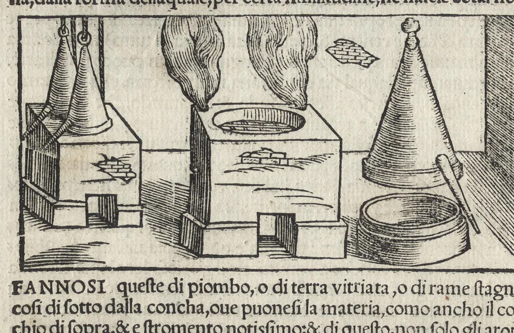An illustration from Pirotechnia, li diece libri della pirotechnia : nelliquali si tratta non solo la diuersita delle minere, ma ancho quanto si ricerca alla prattica di effe : e di quanto s'appartiene all'arte della fusione ouer getto de metalli, e d'ogni altra cosa a questa somigliante, 1550, leaf 267
