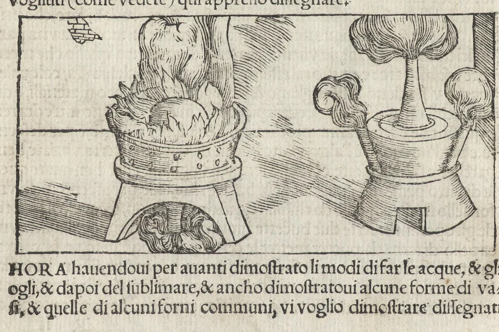 An illustration from Pirotechnia, li diece libri della pirotechnia : nelliquali si tratta non solo la diuersita delle minere, ma ancho quanto si ricerca alla prattica di effe : e di quanto s'appartiene all'arte della fusione ouer getto de metalli, e d'ogni altra cosa a questa somigliante, 1550, leaf 277