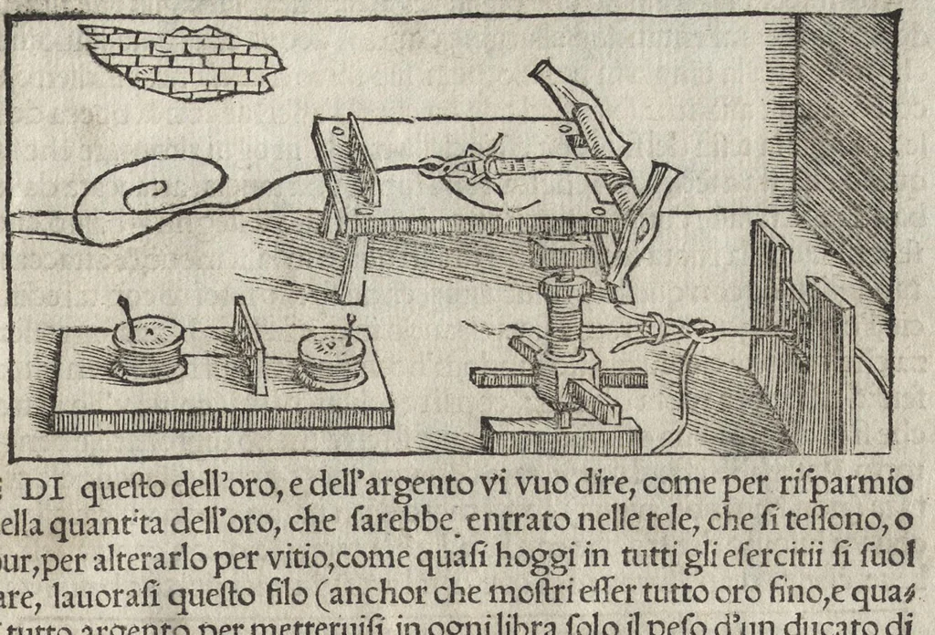 An illustration from Pirotechnia, li diece libri della pirotechnia : nelliquali si tratta non solo la diuersita delle minere, ma ancho quanto si ricerca alla prattica di effe : e di quanto s'appartiene all'arte della fusione ouer getto de metalli, e d'ogni altra cosa a questa somigliante, 1550, leaf 296
