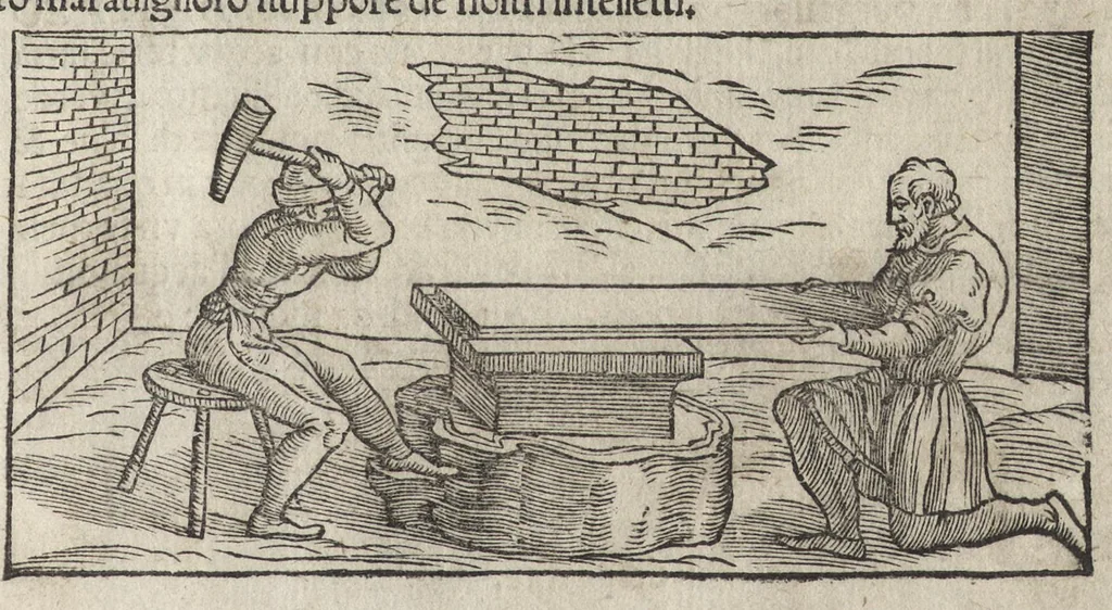 An illustration from Pirotechnia, li diece libri della pirotechnia : nelliquali si tratta non solo la diuersita delle minere, ma ancho quanto si ricerca alla prattica di effe : e di quanto s'appartiene all'arte della fusione ouer getto de metalli, e d'ogni altra cosa a questa somigliante, 1550, leaf 298