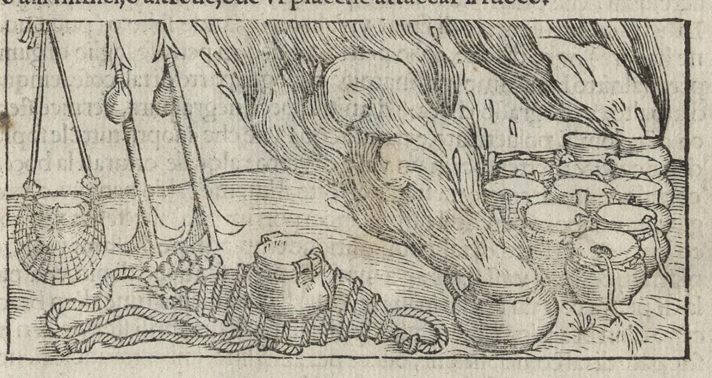 An illustration from Pirotechnia, li diece libri della pirotechnia : nelliquali si tratta non solo la diuersita delle minere, ma ancho quanto si ricerca alla prattica di effe : e di quanto s'appartiene all'arte della fusione ouer getto de metalli, e d'ogni altra cosa a questa somigliante, 1550, leaf 342
