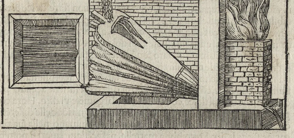 An illustration from Pirotechnia, li diece libri della pirotechnia : nelliquali si tratta non solo la diuersita delle minere, ma ancho quanto si ricerca alla prattica di effe : e di quanto s'appartiene all'arte della fusione ouer getto de metalli, e d'ogni altra cosa a questa somigliante, 1550, leaf 50