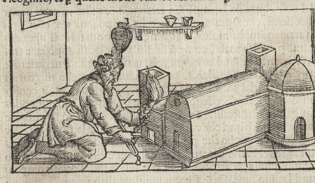 An illustration from Pirotechnia, li diece libri della pirotechnia : nelliquali si tratta non solo la diuersita delle minere, ma ancho quanto si ricerca alla prattica di effe : e di quanto s'appartiene all'arte della fusione ouer getto de metalli, e d'ogni altra cosa a questa somigliante, 1550, leaf 65