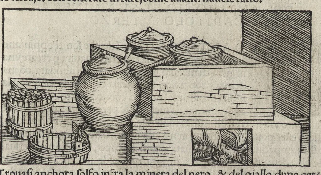 An illustration from Pirotechnia, li diece libri della pirotechnia : nelliquali si tratta non solo la diuersita delle minere, ma ancho quanto si ricerca alla prattica di effe : e di quanto s'appartiene all'arte della fusione ouer getto de metalli, e d'ogni altra cosa a questa somigliante, 1550, leaf 70