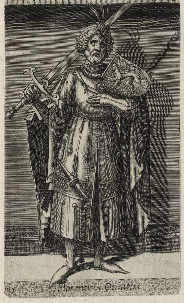 An illustration from Principes Hollandiae et Zelandiae, domini Frisiae : cvm genuinis ipsorum iconibus, à Theodorico Aquitaniae ad Iacobam Bauariae, diuersorum quondam pictorum opera, ad viuum sedulò depictis : nunc autem primum ex vetustissimis parietibus, in Carmelo obsessae vrbis Harlemi, per praesidiarios direpto, industria Guilielmi Thybauti repertis, ac sincerè vnà cum reliquorum principum figuris, ad instar probatissimorum exemplarium delineatis, 1578, leaf 106