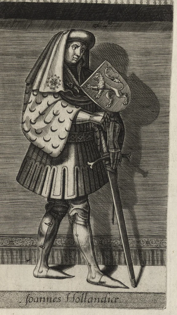 An illustration from Principes Hollandiae et Zelandiae, domini Frisiae : cvm genuinis ipsorum iconibus, à Theodorico Aquitaniae ad Iacobam Bauariae, diuersorum quondam pictorum opera, ad viuum sedulò depictis : nunc autem primum ex vetustissimis parietibus, in Carmelo obsessae vrbis Harlemi, per praesidiarios direpto, industria Guilielmi Thybauti repertis, ac sincerè vnà cum reliquorum principum figuris, ad instar probatissimorum exemplarium delineatis, 1578, leaf 110
