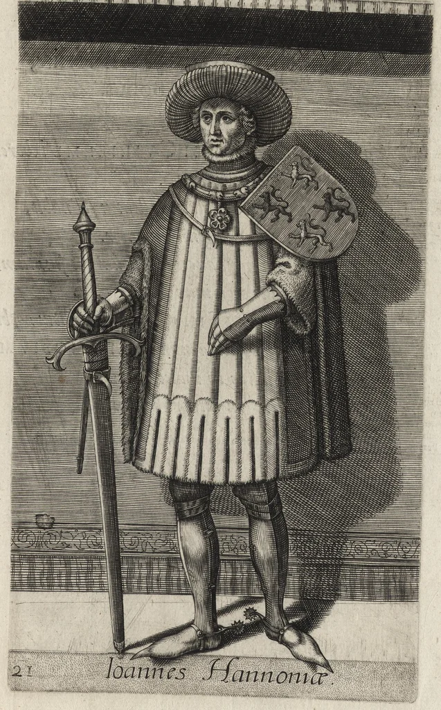 An illustration from Principes Hollandiae et Zelandiae, domini Frisiae : cvm genuinis ipsorum iconibus, à Theodorico Aquitaniae ad Iacobam Bauariae, diuersorum quondam pictorum opera, ad viuum sedulò depictis : nunc autem primum ex vetustissimis parietibus, in Carmelo obsessae vrbis Harlemi, per praesidiarios direpto, industria Guilielmi Thybauti repertis, ac sincerè vnà cum reliquorum principum figuris, ad instar probatissimorum exemplarium delineatis, 1578, leaf 114