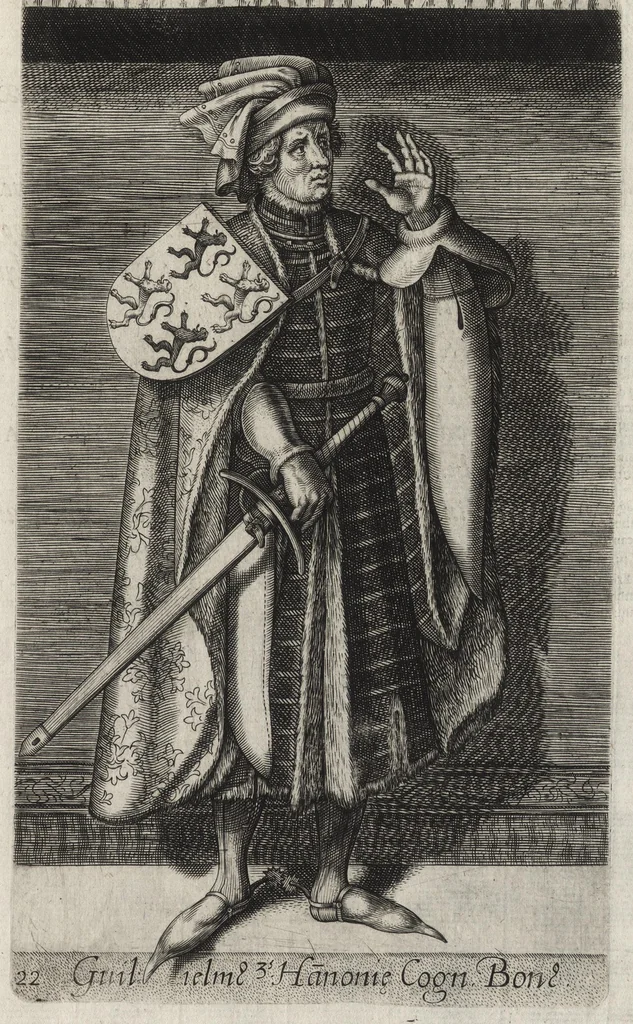 An illustration from Principes Hollandiae et Zelandiae, domini Frisiae : cvm genuinis ipsorum iconibus, à Theodorico Aquitaniae ad Iacobam Bauariae, diuersorum quondam pictorum opera, ad viuum sedulò depictis : nunc autem primum ex vetustissimis parietibus, in Carmelo obsessae vrbis Harlemi, per praesidiarios direpto, industria Guilielmi Thybauti repertis, ac sincerè vnà cum reliquorum principum figuris, ad instar probatissimorum exemplarium delineatis, 1578, leaf 118