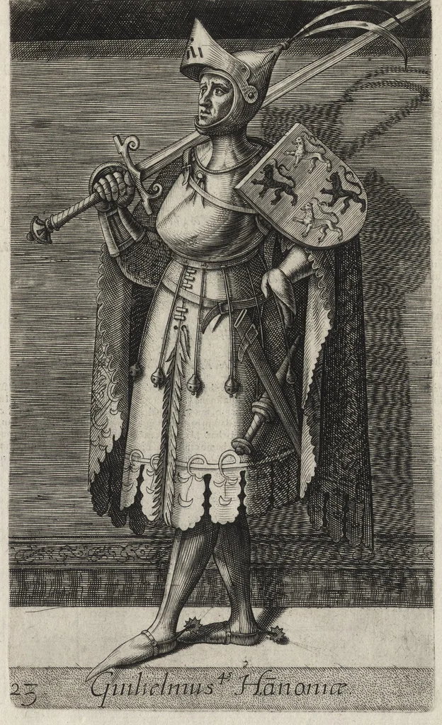An illustration from Principes Hollandiae et Zelandiae, domini Frisiae : cvm genuinis ipsorum iconibus, à Theodorico Aquitaniae ad Iacobam Bauariae, diuersorum quondam pictorum opera, ad viuum sedulò depictis : nunc autem primum ex vetustissimis parietibus, in Carmelo obsessae vrbis Harlemi, per praesidiarios direpto, industria Guilielmi Thybauti repertis, ac sincerè vnà cum reliquorum principum figuris, ad instar probatissimorum exemplarium delineatis, 1578, leaf 124