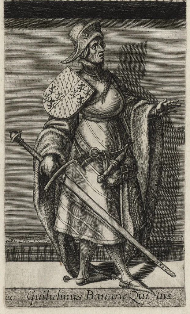 An illustration from Principes Hollandiae et Zelandiae, domini Frisiae : cvm genuinis ipsorum iconibus, à Theodorico Aquitaniae ad Iacobam Bauariae, diuersorum quondam pictorum opera, ad viuum sedulò depictis : nunc autem primum ex vetustissimis parietibus, in Carmelo obsessae vrbis Harlemi, per praesidiarios direpto, industria Guilielmi Thybauti repertis, ac sincerè vnà cum reliquorum principum figuris, ad instar probatissimorum exemplarium delineatis, 1578, leaf 132