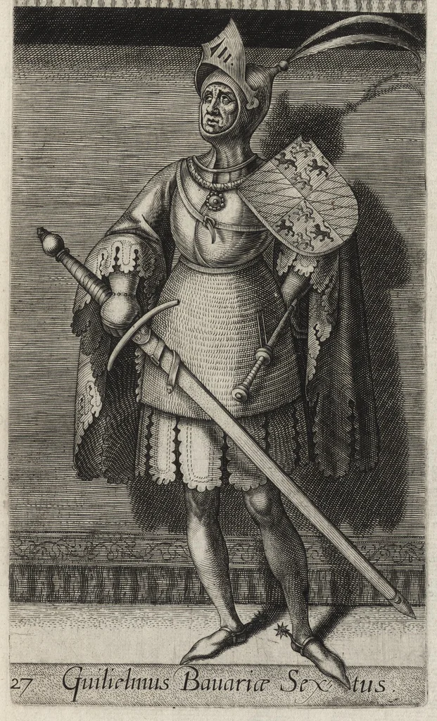 An illustration from Principes Hollandiae et Zelandiae, domini Frisiae : cvm genuinis ipsorum iconibus, à Theodorico Aquitaniae ad Iacobam Bauariae, diuersorum quondam pictorum opera, ad viuum sedulò depictis : nunc autem primum ex vetustissimis parietibus, in Carmelo obsessae vrbis Harlemi, per praesidiarios direpto, industria Guilielmi Thybauti repertis, ac sincerè vnà cum reliquorum principum figuris, ad instar probatissimorum exemplarium delineatis, 1578, leaf 142