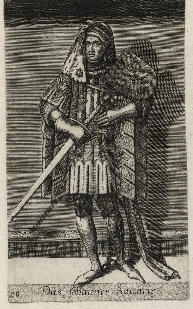 An illustration from Principes Hollandiae et Zelandiae, domini Frisiae : cvm genuinis ipsorum iconibus, à Theodorico Aquitaniae ad Iacobam Bauariae, diuersorum quondam pictorum opera, ad viuum sedulò depictis : nunc autem primum ex vetustissimis parietibus, in Carmelo obsessae vrbis Harlemi, per praesidiarios direpto, industria Guilielmi Thybauti repertis, ac sincerè vnà cum reliquorum principum figuris, ad instar probatissimorum exemplarium delineatis, 1578, leaf 146