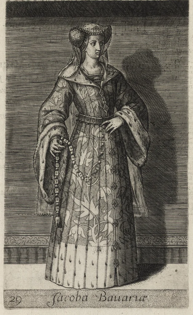 An illustration from Principes Hollandiae et Zelandiae, domini Frisiae : cvm genuinis ipsorum iconibus, à Theodorico Aquitaniae ad Iacobam Bauariae, diuersorum quondam pictorum opera, ad viuum sedulò depictis : nunc autem primum ex vetustissimis parietibus, in Carmelo obsessae vrbis Harlemi, per praesidiarios direpto, industria Guilielmi Thybauti repertis, ac sincerè vnà cum reliquorum principum figuris, ad instar probatissimorum exemplarium delineatis, 1578, leaf 150