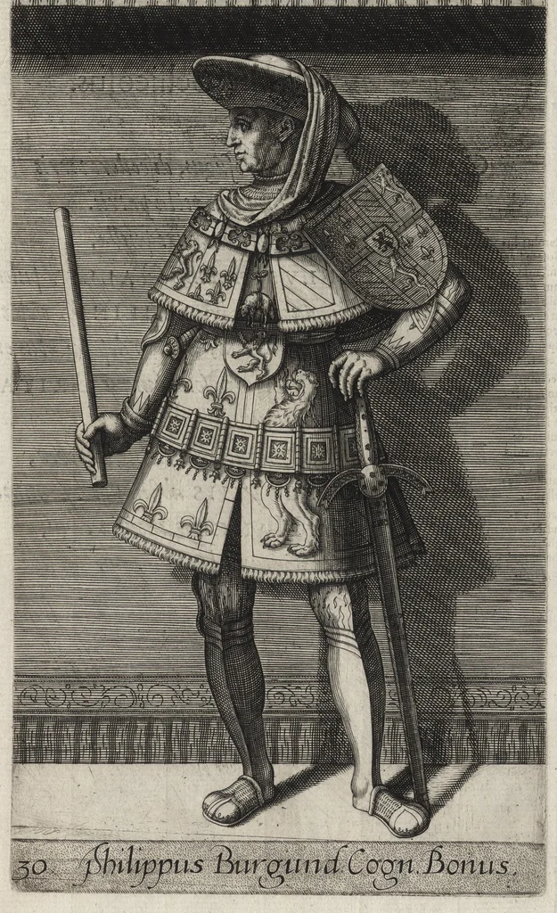An illustration from Principes Hollandiae et Zelandiae, domini Frisiae : cvm genuinis ipsorum iconibus, à Theodorico Aquitaniae ad Iacobam Bauariae, diuersorum quondam pictorum opera, ad viuum sedulò depictis : nunc autem primum ex vetustissimis parietibus, in Carmelo obsessae vrbis Harlemi, per praesidiarios direpto, industria Guilielmi Thybauti repertis, ac sincerè vnà cum reliquorum principum figuris, ad instar probatissimorum exemplarium delineatis, 1578, leaf 154