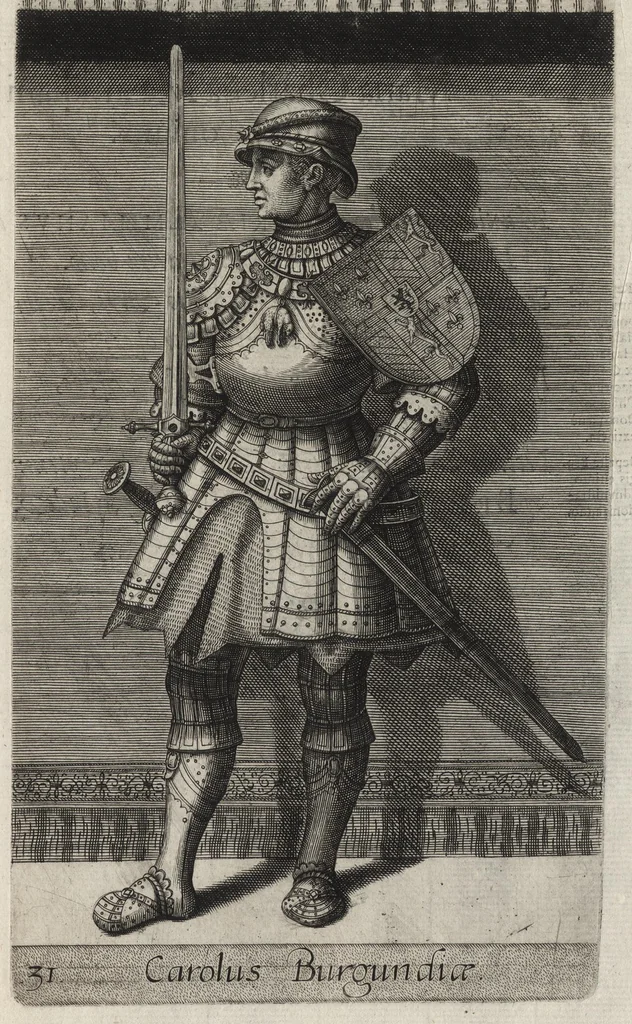 An illustration from Principes Hollandiae et Zelandiae, domini Frisiae : cvm genuinis ipsorum iconibus, à Theodorico Aquitaniae ad Iacobam Bauariae, diuersorum quondam pictorum opera, ad viuum sedulò depictis : nunc autem primum ex vetustissimis parietibus, in Carmelo obsessae vrbis Harlemi, per praesidiarios direpto, industria Guilielmi Thybauti repertis, ac sincerè vnà cum reliquorum principum figuris, ad instar probatissimorum exemplarium delineatis, 1578, leaf 160