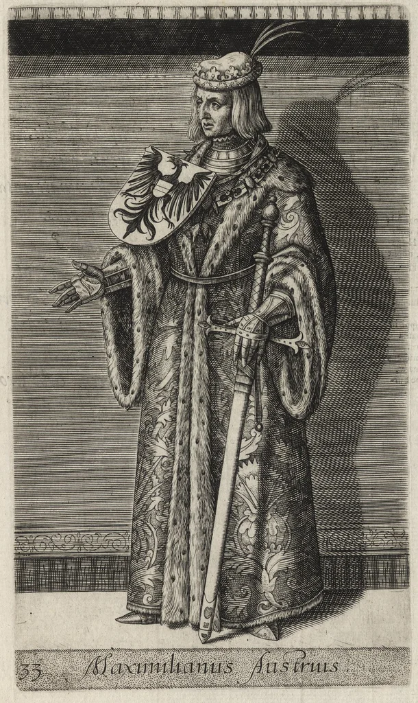 An illustration from Principes Hollandiae et Zelandiae, domini Frisiae : cvm genuinis ipsorum iconibus, à Theodorico Aquitaniae ad Iacobam Bauariae, diuersorum quondam pictorum opera, ad viuum sedulò depictis : nunc autem primum ex vetustissimis parietibus, in Carmelo obsessae vrbis Harlemi, per praesidiarios direpto, industria Guilielmi Thybauti repertis, ac sincerè vnà cum reliquorum principum figuris, ad instar probatissimorum exemplarium delineatis, 1578, leaf 168