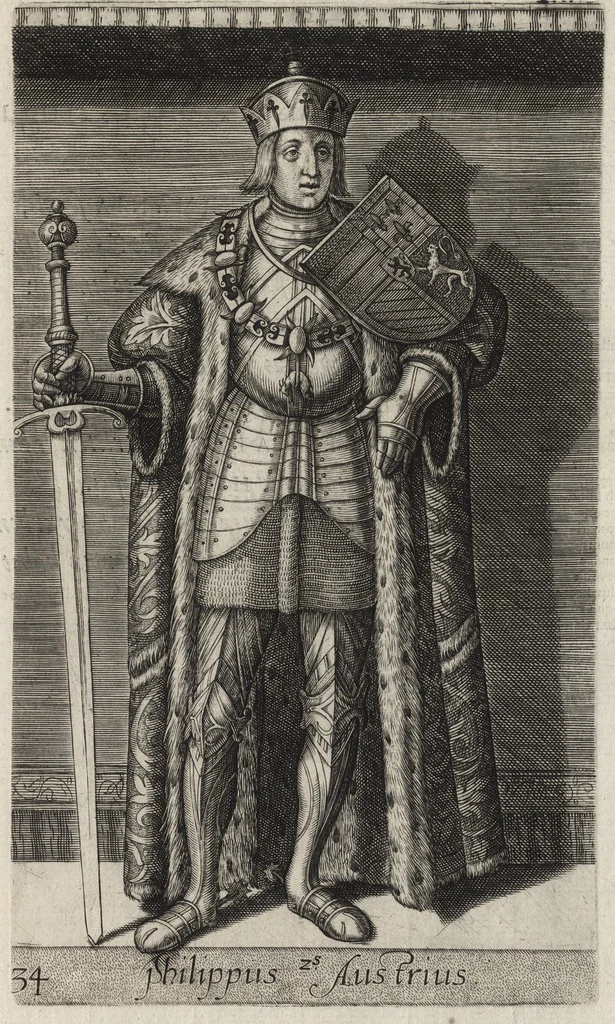 An illustration from Principes Hollandiae et Zelandiae, domini Frisiae : cvm genuinis ipsorum iconibus, à Theodorico Aquitaniae ad Iacobam Bauariae, diuersorum quondam pictorum opera, ad viuum sedulò depictis : nunc autem primum ex vetustissimis parietibus, in Carmelo obsessae vrbis Harlemi, per praesidiarios direpto, industria Guilielmi Thybauti repertis, ac sincerè vnà cum reliquorum principum figuris, ad instar probatissimorum exemplarium delineatis, 1578, leaf 172