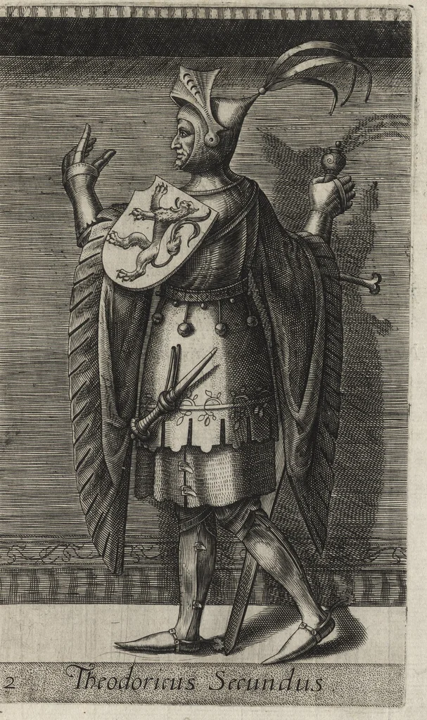 An illustration from Principes Hollandiae et Zelandiae, domini Frisiae : cvm genuinis ipsorum iconibus, à Theodorico Aquitaniae ad Iacobam Bauariae, diuersorum quondam pictorum opera, ad viuum sedulò depictis : nunc autem primum ex vetustissimis parietibus, in Carmelo obsessae vrbis Harlemi, per praesidiarios direpto, industria Guilielmi Thybauti repertis, ac sincerè vnà cum reliquorum principum figuris, ad instar probatissimorum exemplarium delineatis, 1578, leaf 28