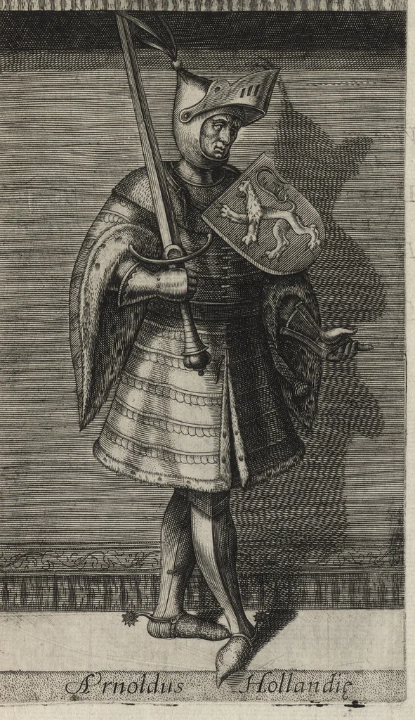 An illustration from Principes Hollandiae et Zelandiae, domini Frisiae : cvm genuinis ipsorum iconibus, à Theodorico Aquitaniae ad Iacobam Bauariae, diuersorum quondam pictorum opera, ad viuum sedulò depictis : nunc autem primum ex vetustissimis parietibus, in Carmelo obsessae vrbis Harlemi, per praesidiarios direpto, industria Guilielmi Thybauti repertis, ac sincerè vnà cum reliquorum principum figuris, ad instar probatissimorum exemplarium delineatis, 1578, leaf 34