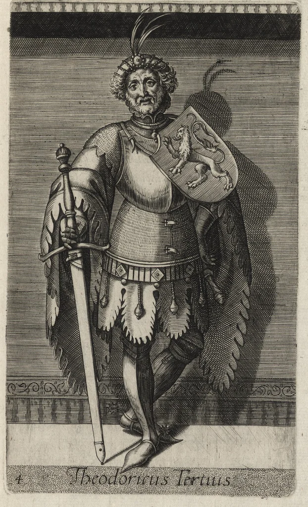 An illustration from Principes Hollandiae et Zelandiae, domini Frisiae : cvm genuinis ipsorum iconibus, à Theodorico Aquitaniae ad Iacobam Bauariae, diuersorum quondam pictorum opera, ad viuum sedulò depictis : nunc autem primum ex vetustissimis parietibus, in Carmelo obsessae vrbis Harlemi, per praesidiarios direpto, industria Guilielmi Thybauti repertis, ac sincerè vnà cum reliquorum principum figuris, ad instar probatissimorum exemplarium delineatis, 1578, leaf 38