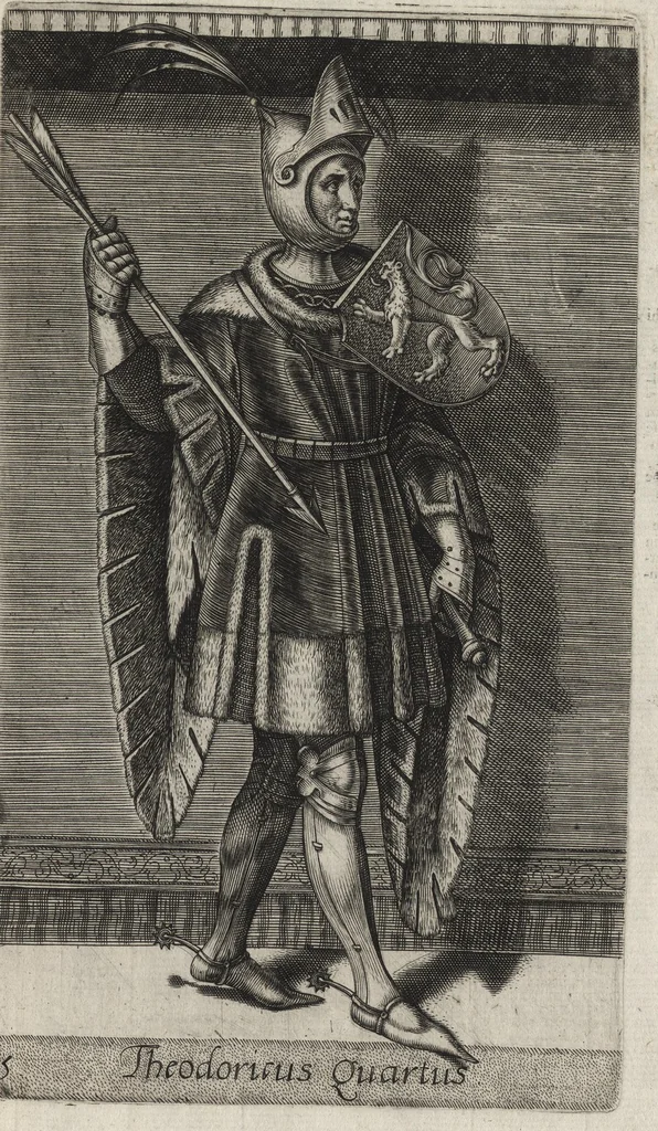 An illustration from Principes Hollandiae et Zelandiae, domini Frisiae : cvm genuinis ipsorum iconibus, à Theodorico Aquitaniae ad Iacobam Bauariae, diuersorum quondam pictorum opera, ad viuum sedulò depictis : nunc autem primum ex vetustissimis parietibus, in Carmelo obsessae vrbis Harlemi, per praesidiarios direpto, industria Guilielmi Thybauti repertis, ac sincerè vnà cum reliquorum principum figuris, ad instar probatissimorum exemplarium delineatis, 1578, leaf 42