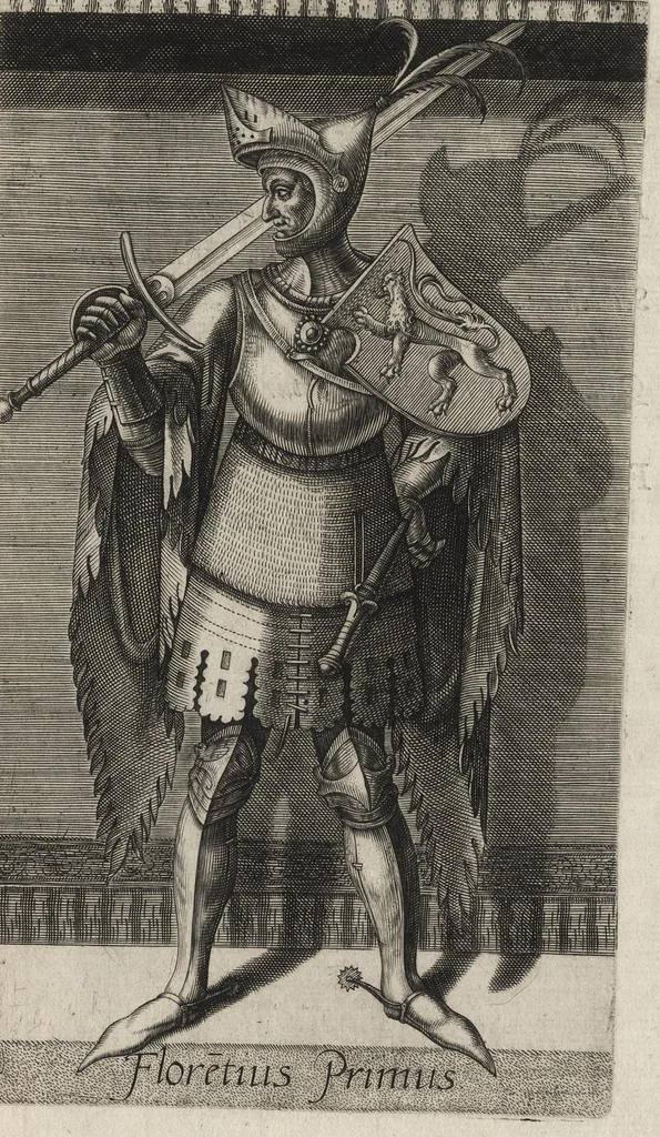 An illustration from Principes Hollandiae et Zelandiae, domini Frisiae : cvm genuinis ipsorum iconibus, à Theodorico Aquitaniae ad Iacobam Bauariae, diuersorum quondam pictorum opera, ad viuum sedulò depictis : nunc autem primum ex vetustissimis parietibus, in Carmelo obsessae vrbis Harlemi, per praesidiarios direpto, industria Guilielmi Thybauti repertis, ac sincerè vnà cum reliquorum principum figuris, ad instar probatissimorum exemplarium delineatis, 1578, leaf 46