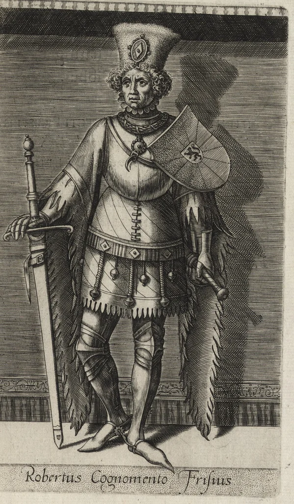 An illustration from Principes Hollandiae et Zelandiae, domini Frisiae : cvm genuinis ipsorum iconibus, à Theodorico Aquitaniae ad Iacobam Bauariae, diuersorum quondam pictorum opera, ad viuum sedulò depictis : nunc autem primum ex vetustissimis parietibus, in Carmelo obsessae vrbis Harlemi, per praesidiarios direpto, industria Guilielmi Thybauti repertis, ac sincerè vnà cum reliquorum principum figuris, ad instar probatissimorum exemplarium delineatis, 1578, leaf 56