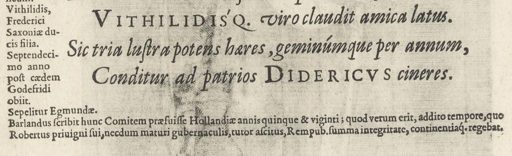 An illustration from Principes Hollandiae et Zelandiae, domini Frisiae : cvm genuinis ipsorum iconibus, à Theodorico Aquitaniae ad Iacobam Bauariae, diuersorum quondam pictorum opera, ad viuum sedulò depictis : nunc autem primum ex vetustissimis parietibus, in Carmelo obsessae vrbis Harlemi, per praesidiarios direpto, industria Guilielmi Thybauti repertis, ac sincerè vnà cum reliquorum principum figuris, ad instar probatissimorum exemplarium delineatis, 1578, leaf 61