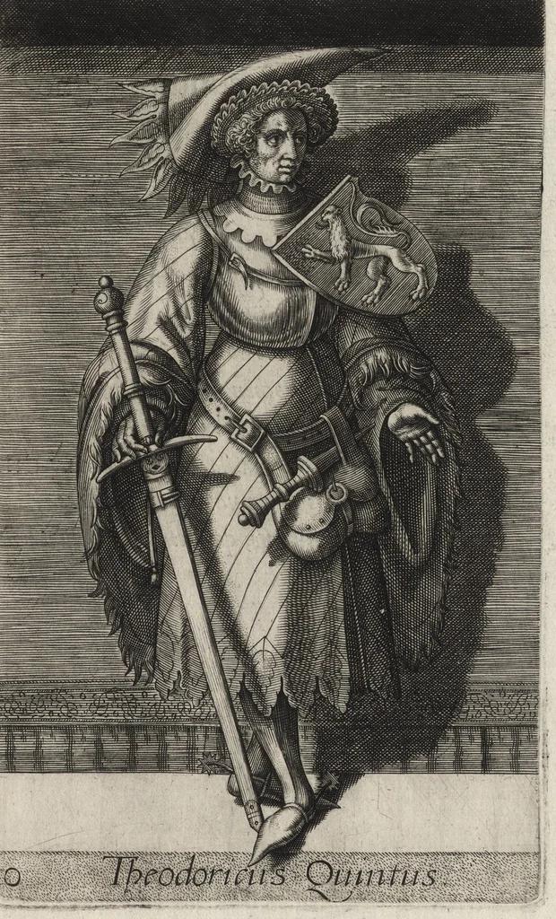 An illustration from Principes Hollandiae et Zelandiae, domini Frisiae : cvm genuinis ipsorum iconibus, à Theodorico Aquitaniae ad Iacobam Bauariae, diuersorum quondam pictorum opera, ad viuum sedulò depictis : nunc autem primum ex vetustissimis parietibus, in Carmelo obsessae vrbis Harlemi, per praesidiarios direpto, industria Guilielmi Thybauti repertis, ac sincerè vnà cum reliquorum principum figuris, ad instar probatissimorum exemplarium delineatis, 1578, leaf 64