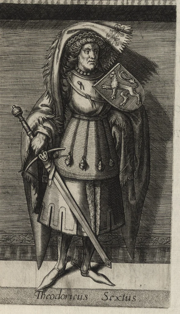 An illustration from Principes Hollandiae et Zelandiae, domini Frisiae : cvm genuinis ipsorum iconibus, à Theodorico Aquitaniae ad Iacobam Bauariae, diuersorum quondam pictorum opera, ad viuum sedulò depictis : nunc autem primum ex vetustissimis parietibus, in Carmelo obsessae vrbis Harlemi, per praesidiarios direpto, industria Guilielmi Thybauti repertis, ac sincerè vnà cum reliquorum principum figuris, ad instar probatissimorum exemplarium delineatis, 1578, leaf 74