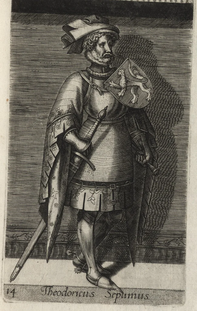 An illustration from Principes Hollandiae et Zelandiae, domini Frisiae : cvm genuinis ipsorum iconibus, à Theodorico Aquitaniae ad Iacobam Bauariae, diuersorum quondam pictorum opera, ad viuum sedulò depictis : nunc autem primum ex vetustissimis parietibus, in Carmelo obsessae vrbis Harlemi, per praesidiarios direpto, industria Guilielmi Thybauti repertis, ac sincerè vnà cum reliquorum principum figuris, ad instar probatissimorum exemplarium delineatis, 1578, leaf 82