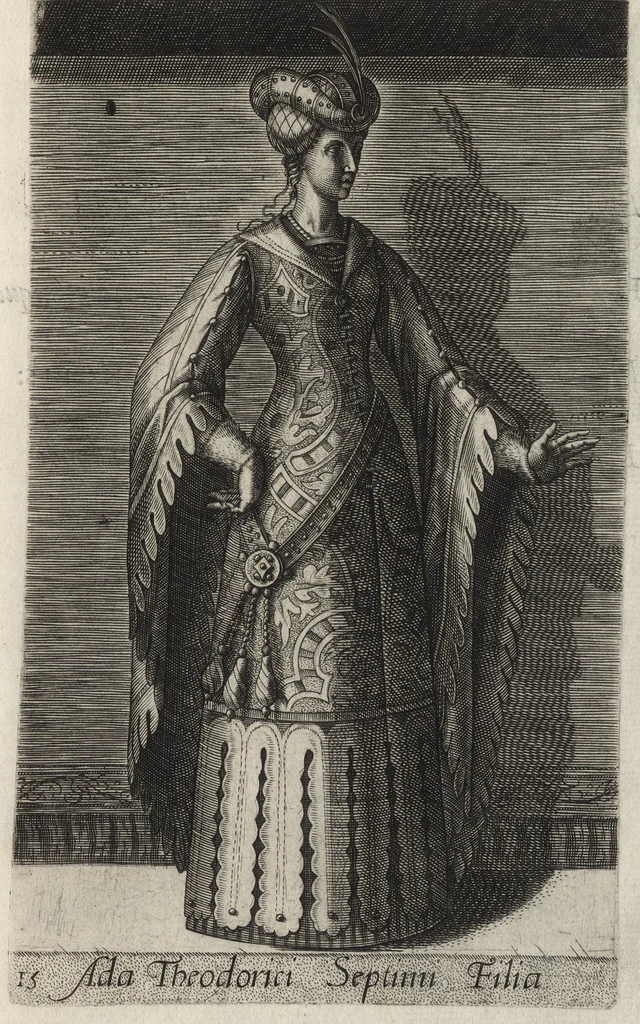 An illustration from Principes Hollandiae et Zelandiae, domini Frisiae : cvm genuinis ipsorum iconibus, à Theodorico Aquitaniae ad Iacobam Bauariae, diuersorum quondam pictorum opera, ad viuum sedulò depictis : nunc autem primum ex vetustissimis parietibus, in Carmelo obsessae vrbis Harlemi, per praesidiarios direpto, industria Guilielmi Thybauti repertis, ac sincerè vnà cum reliquorum principum figuris, ad instar probatissimorum exemplarium delineatis, 1578, leaf 88