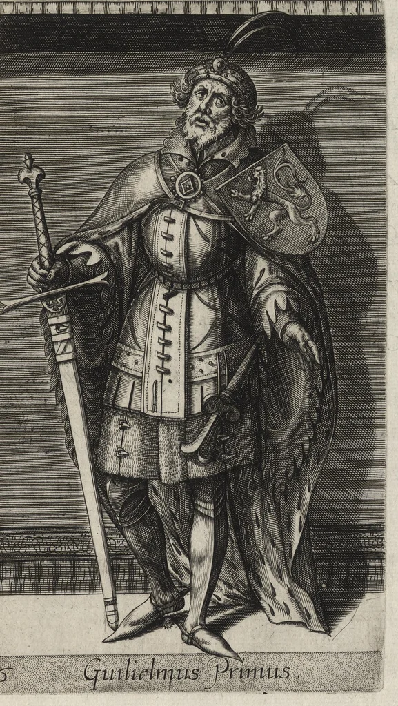 An illustration from Principes Hollandiae et Zelandiae, domini Frisiae : cvm genuinis ipsorum iconibus, à Theodorico Aquitaniae ad Iacobam Bauariae, diuersorum quondam pictorum opera, ad viuum sedulò depictis : nunc autem primum ex vetustissimis parietibus, in Carmelo obsessae vrbis Harlemi, per praesidiarios direpto, industria Guilielmi Thybauti repertis, ac sincerè vnà cum reliquorum principum figuris, ad instar probatissimorum exemplarium delineatis, 1578, leaf 92