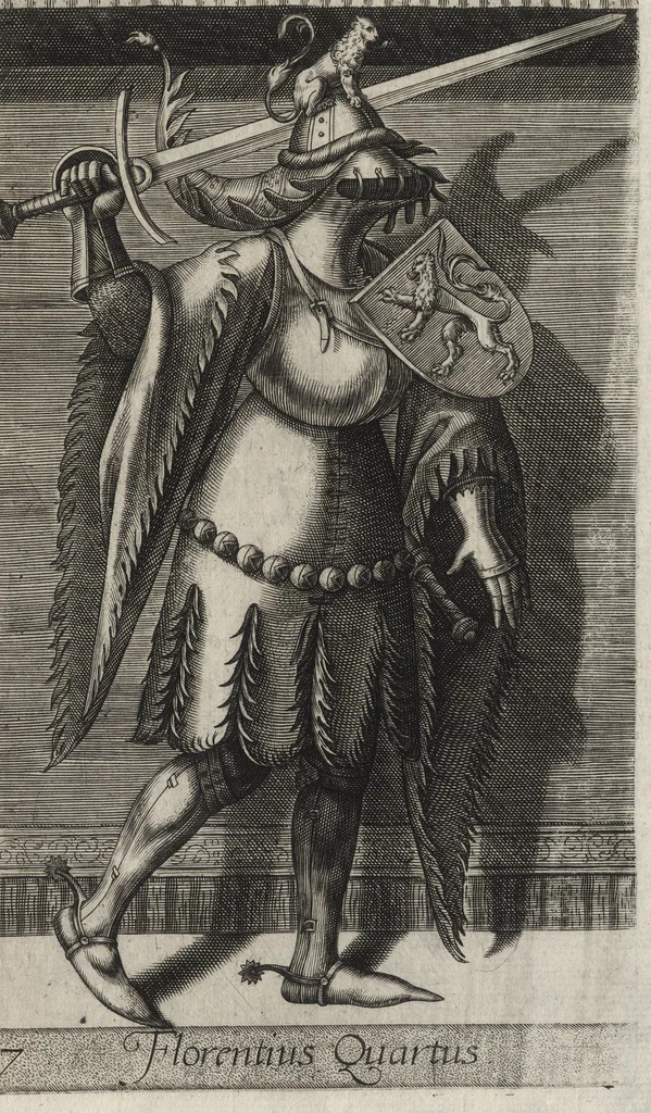 An illustration from Principes Hollandiae et Zelandiae, domini Frisiae : cvm genuinis ipsorum iconibus, à Theodorico Aquitaniae ad Iacobam Bauariae, diuersorum quondam pictorum opera, ad viuum sedulò depictis : nunc autem primum ex vetustissimis parietibus, in Carmelo obsessae vrbis Harlemi, per praesidiarios direpto, industria Guilielmi Thybauti repertis, ac sincerè vnà cum reliquorum principum figuris, ad instar probatissimorum exemplarium delineatis, 1578, leaf 96