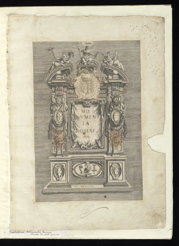 An illustration from Specvlvm Romanae magnificentiae : omnia fere qvaecvnq- in vrbe monvmenta extant partim ivxta antiqvam partim ivxta hodiernam formam accuratiss. delineata repraesentans : accesserunt non paucae tum antiquarum tum modernarum rerum urbis figurae nusquam antehac aeditae ..., 1544, leaf 4