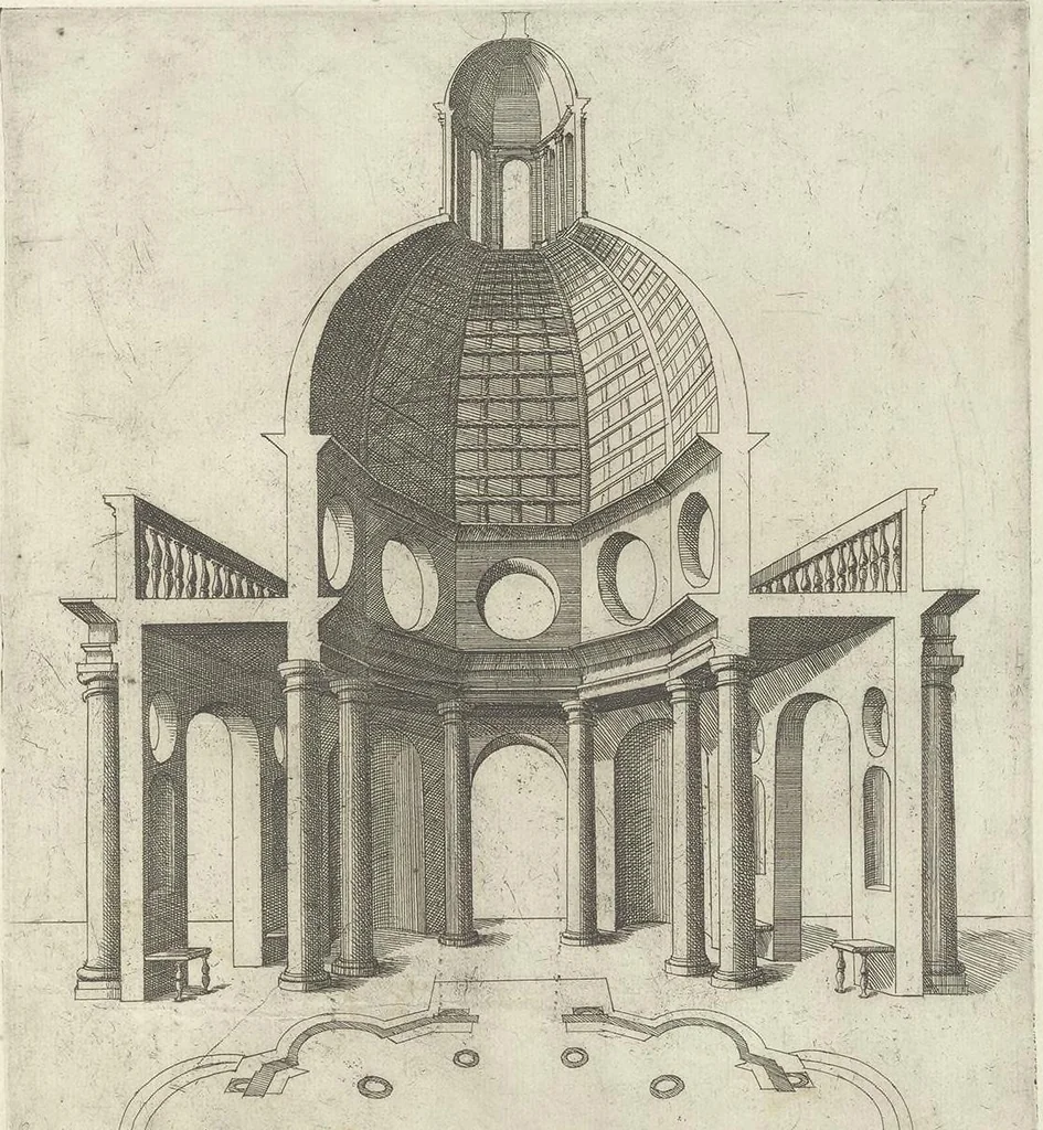 An illustration from Specvlvm Romanae magnificentiae : omnia fere qvaecvnq- in vrbe monvmenta extant partim ivxta antiqvam partim ivxta hodiernam formam accuratiss. delineata repraesentans : accesserunt non paucae tum antiquarum tum modernarum rerum urbis figurae nusquam antehac aeditae ..., 1544, leaf 100
