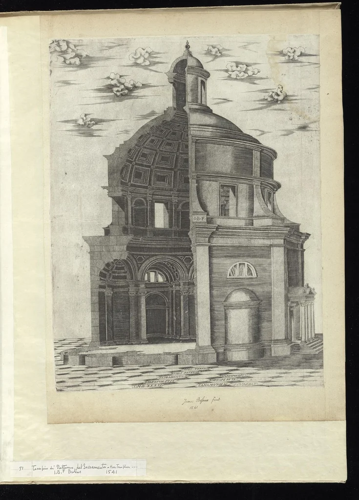An illustration from Specvlvm Romanae magnificentiae : omnia fere qvaecvnq- in vrbe monvmenta extant partim ivxta antiqvam partim ivxta hodiernam formam accuratiss. delineata repraesentans : accesserunt non paucae tum antiquarum tum modernarum rerum urbis figurae nusquam antehac aeditae ..., 1544, leaf 110