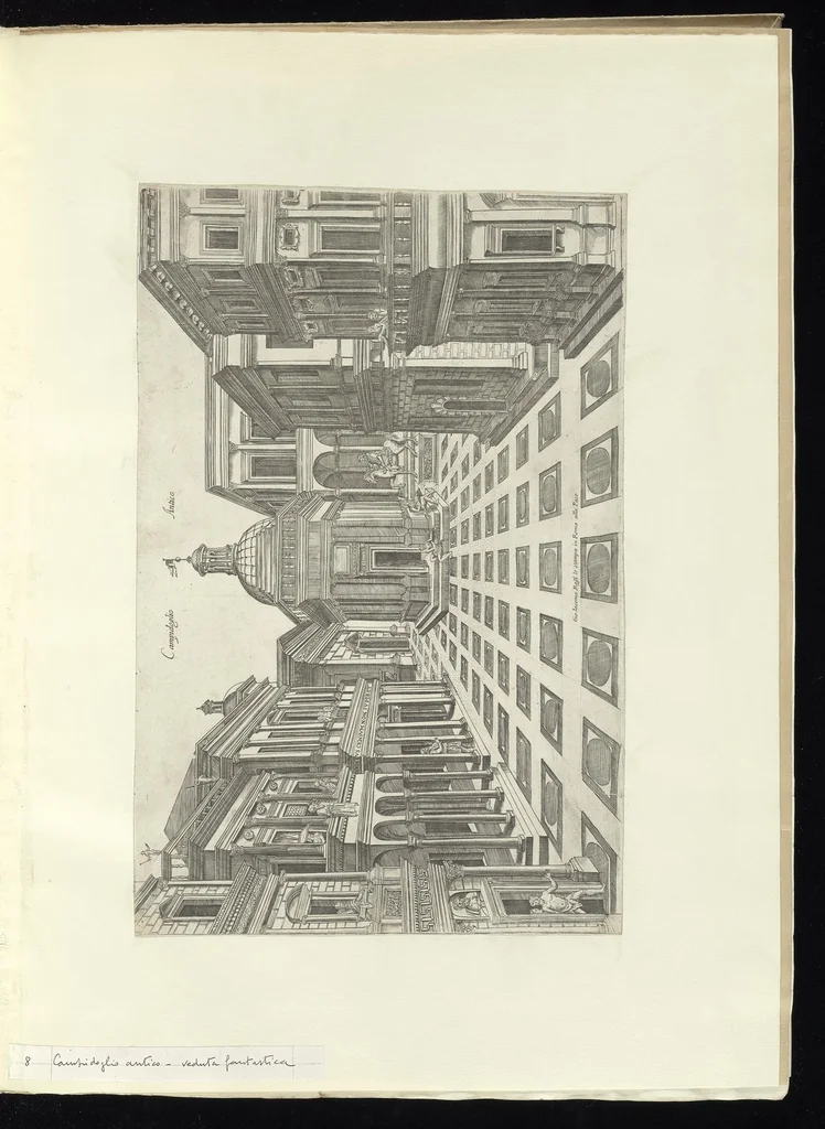 An illustration from Specvlvm Romanae magnificentiae : omnia fere qvaecvnq- in vrbe monvmenta extant partim ivxta antiqvam partim ivxta hodiernam formam accuratiss. delineata repraesentans : accesserunt non paucae tum antiquarum tum modernarum rerum urbis figurae nusquam antehac aeditae ..., 1544, leaf 18