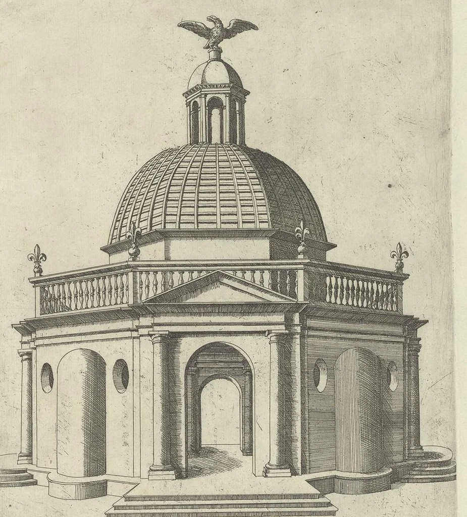 An illustration from Specvlvm Romanae magnificentiae : omnia fere qvaecvnq- in vrbe monvmenta extant partim ivxta antiqvam partim ivxta hodiernam formam accuratiss. delineata repraesentans : accesserunt non paucae tum antiquarum tum modernarum rerum urbis figurae nusquam antehac aeditae ..., 1544, leaf 98