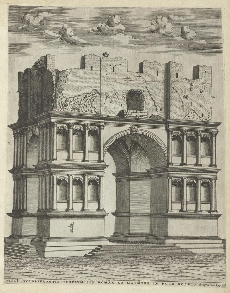 An illustration from Specvlvm Romanae magnificentiae : omnia fere qvaecvnq- in vrbe monvmenta extant partim ivxta antiqvam partim ivxta hodiernam formam accuratiss. delineata repraesentans : accesserunt non paucae tum antiquarum tum modernarum rerum urbis figurae nusquam antehac aeditae ..., 1544, leaf 10